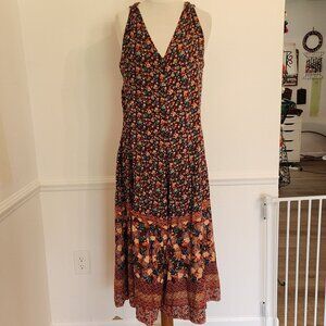 Natural Life Wide Leg Jumpsuit Sz S/M Floral Pockets Let's Just Go Tan Boho